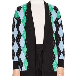 sandro black w green & navy argyle & white metallic thread cardigan